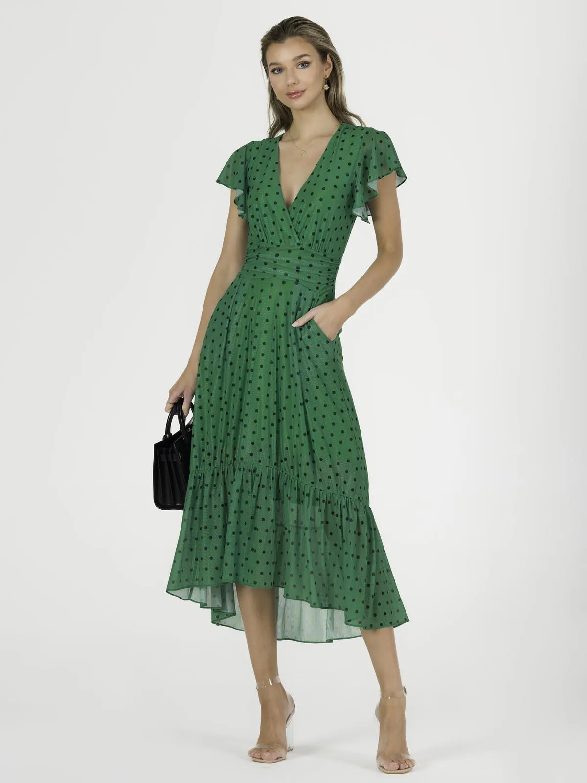 Leena Mesh Cap Sleeve Tiered Maxi Dress, Green Polka