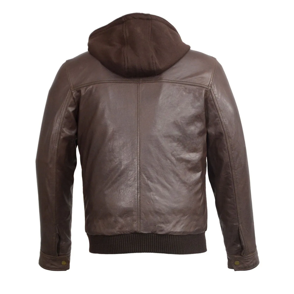 Wilsons Leather SH3353 Men's Brown Leather Zipper Front Bomber Jacket with Zip Off Hoodie